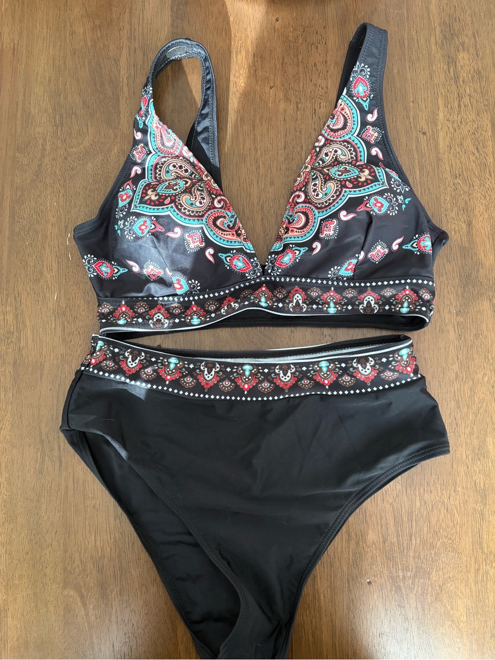 Black Paisley-Print High-Waist Bikini Set
